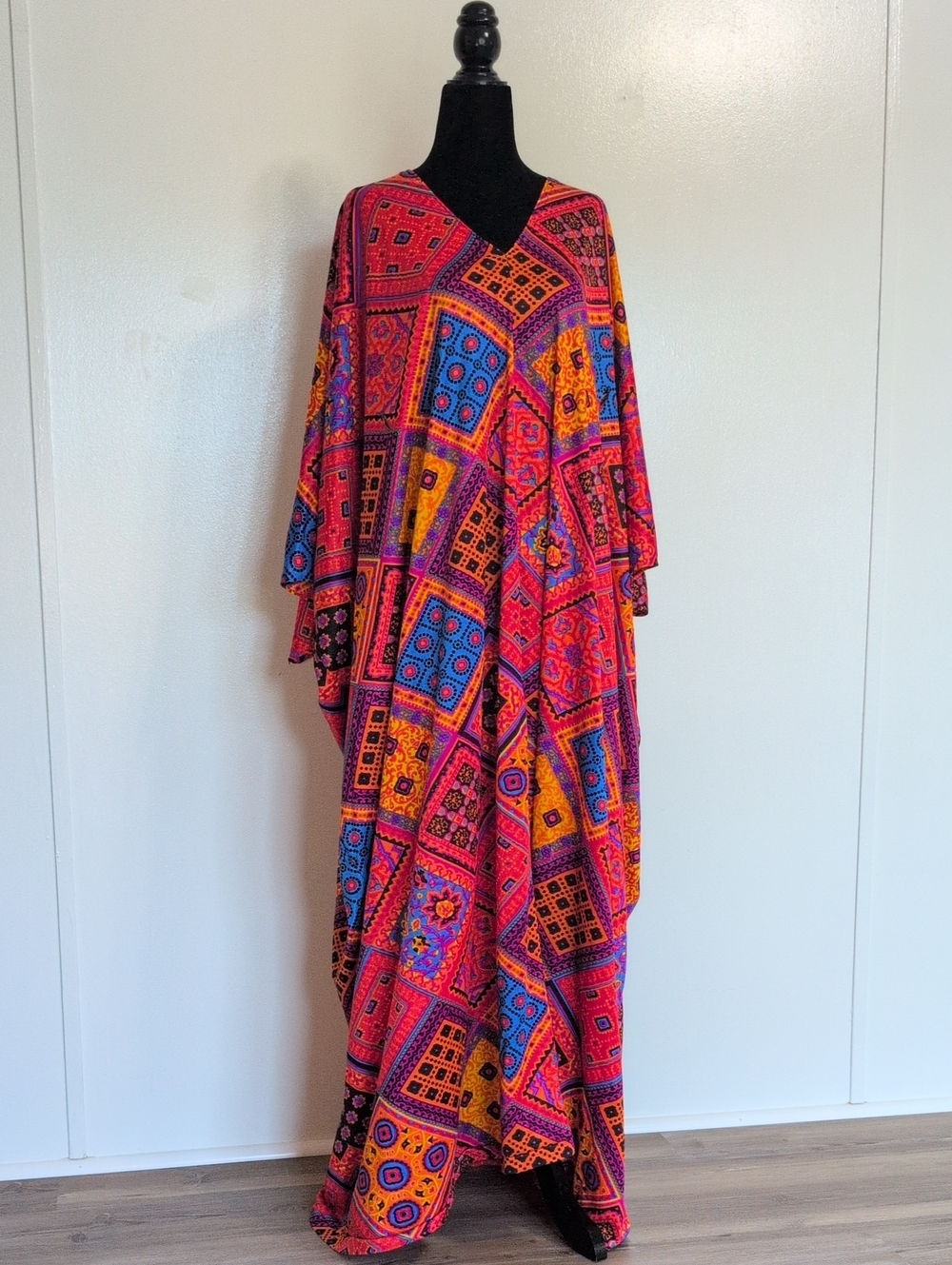Vintage Vibrant Patchwork Print Caftan Maxi Dress 1970s Mrs Roper Perfection